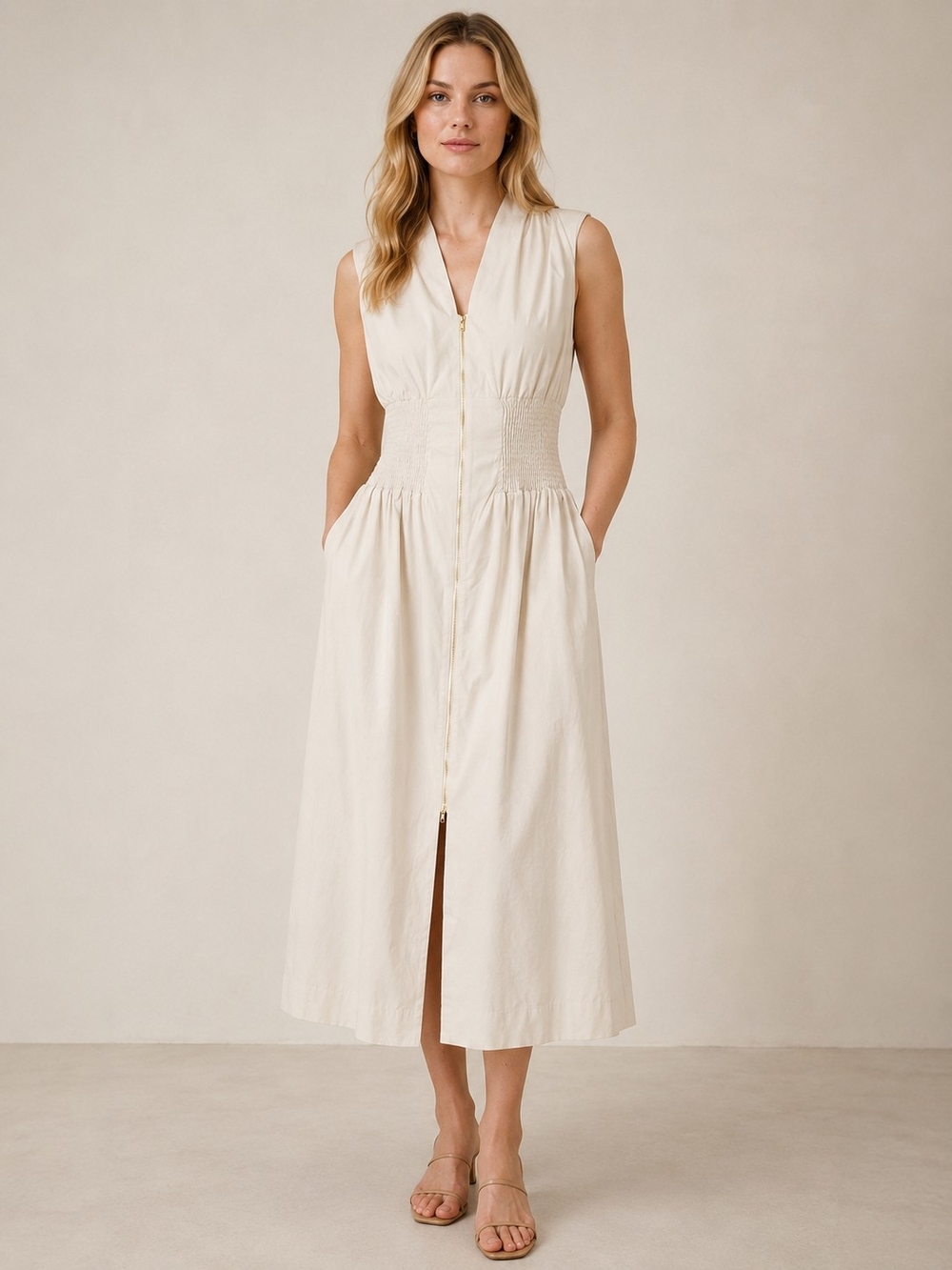 Women's Beige Sleeveless V-Neck Dual Zip Midi Dress With Pockets Size L